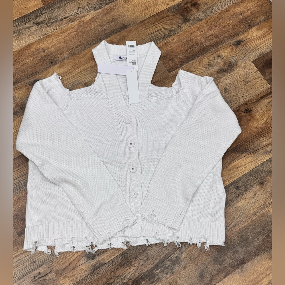 525 America Off Shoulder Button Front Cotton Sweater White Large NWT - Picture 4 of 10